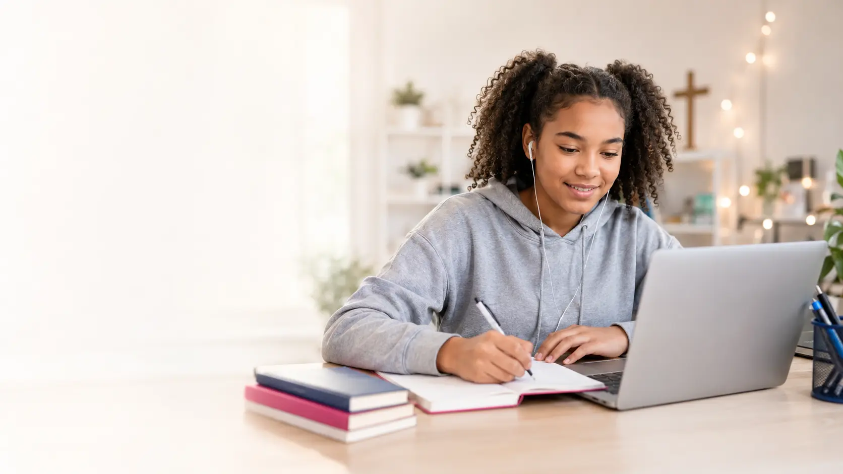 A ninth-grade student learning online and writing in her notebook