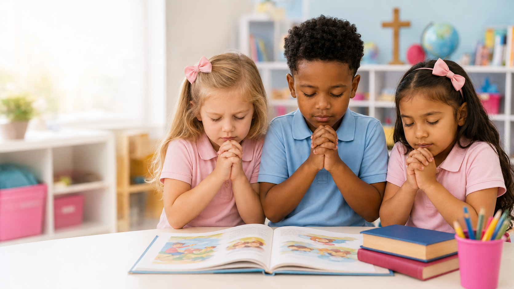 Three Kindergarten students praying together in their classroom