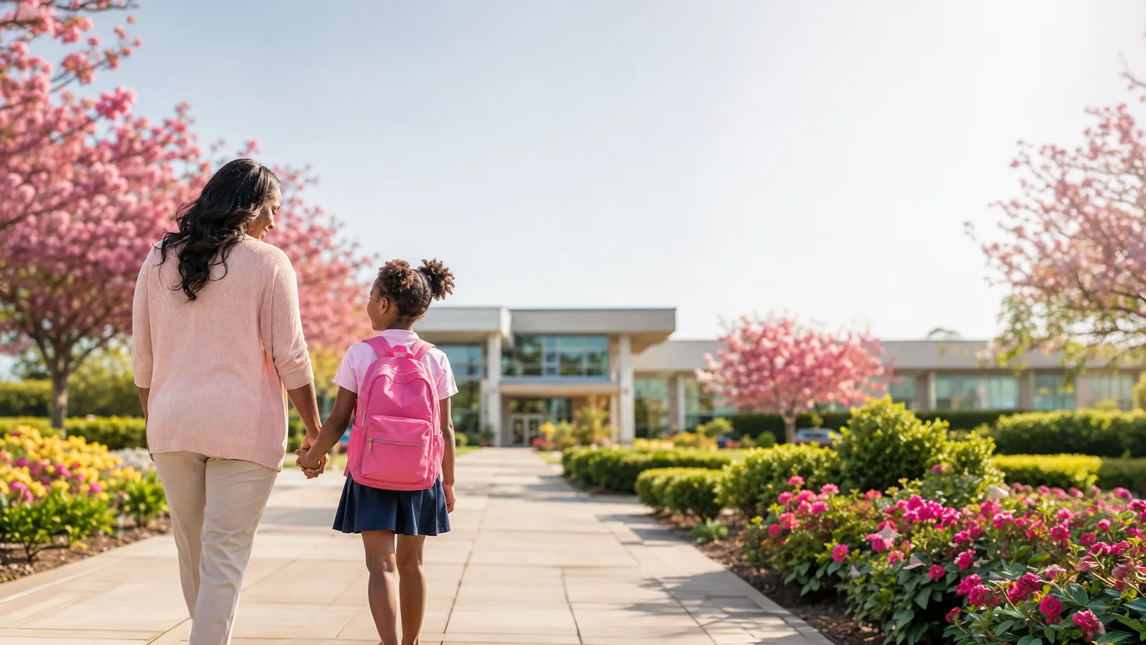 A mother walking with her child toward school